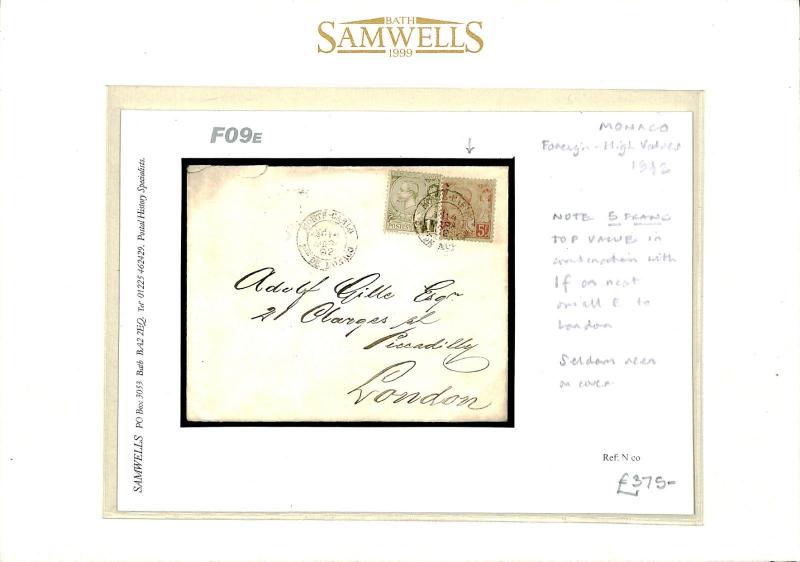 MONACO Cover 5 FRANC HIGH VALUE & 1f Neat Small E GB London 1892{samwells}F09e