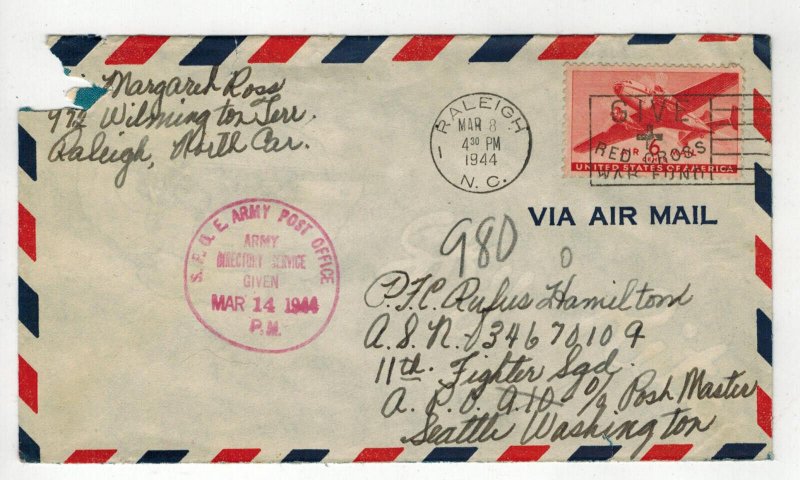 1944 WW2 Patriotic S.P.O.E. ARMY POST OFFICE SERVICE GIVEN  RALEIGH NC DELAYED