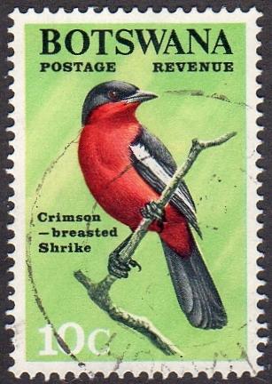 Botswana 25 - Used - 10c Crimson-breasted Shrike (1967) (cv $ 0.80)