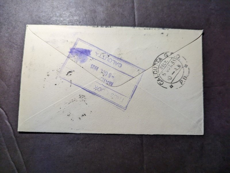 1935 British Singapore Straits Settlements Airmail Cover to Calcutta GPO India