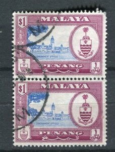 MALAYA PENANG 1950s early Sultan Coat of Arms issue $1 fine used Pair