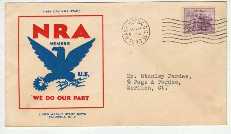 1933 FDR Roosevelt NATIONAL RECOVERY ACT NRA 732-2 FDC 1st Cachet Linn's Weekly