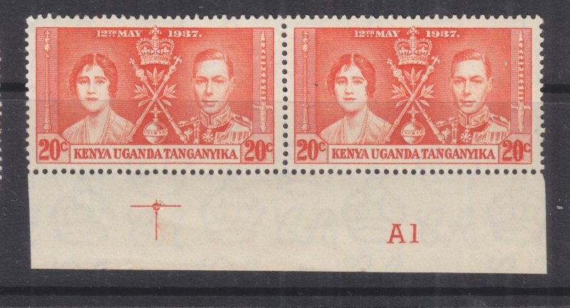 KENYA, UGANDA & TANGANYIKA, 1937 Coronation, 20c. Orange, Pl. # A1 marginal pair 