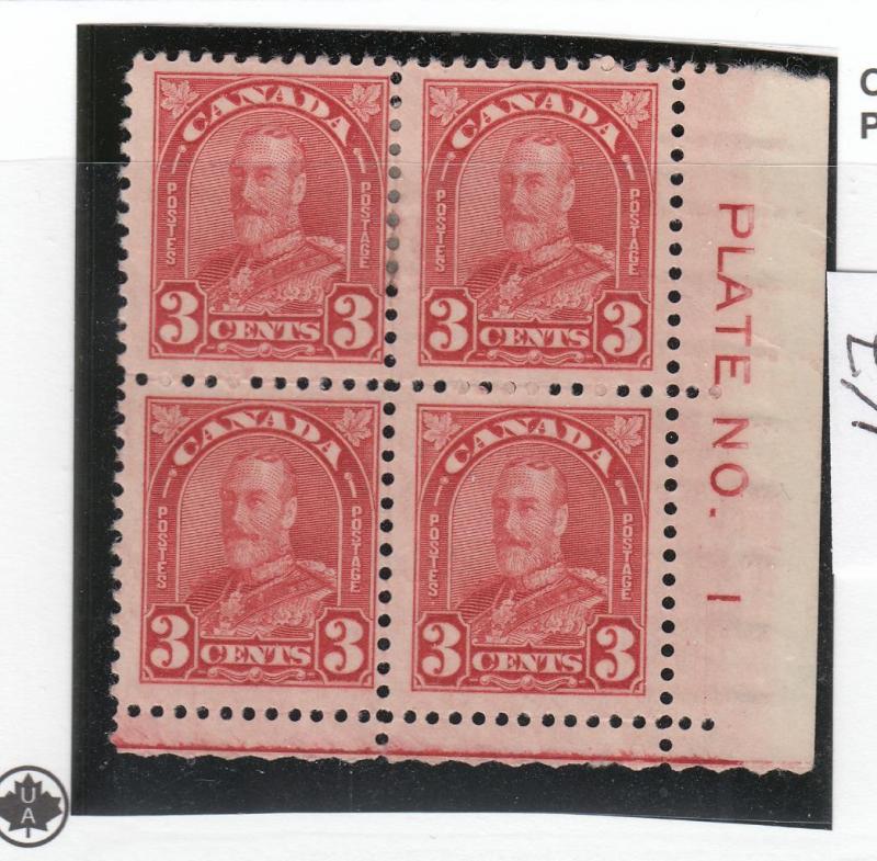 CANADA # 167  VF-2MNH/2H  3cts KGV ARCH LEAF/ PLATE BLOCK OF 4 CAT VALUE $25