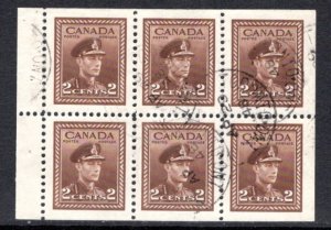 Scott 250b, 3c, KGVI War Issue, booklet pane of 6x2c, Used, VF, Toronto CDS