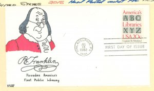 US 2015 1982 20c America's Libraries Commemorative single on a Kribbs Kovers handpainted cachet FDC