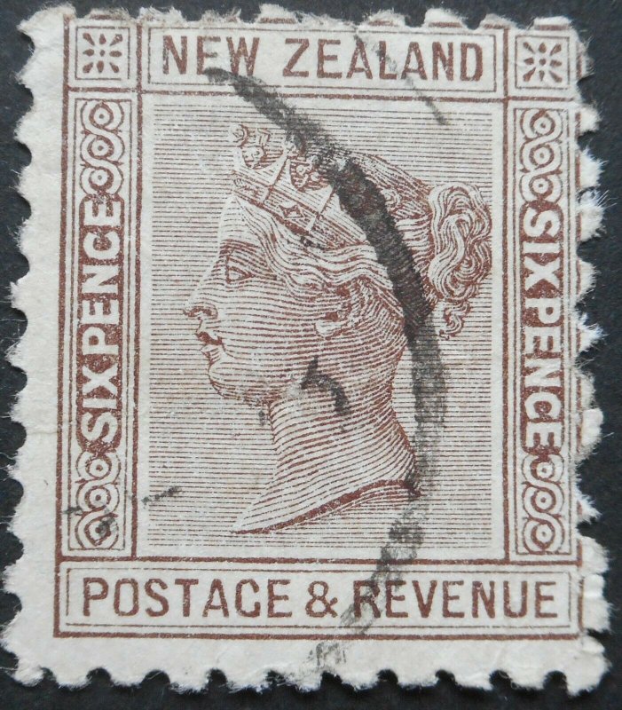 New Zealand 1893 Six Pence with Truebridge Miller Brown Purple ad SG 224b used