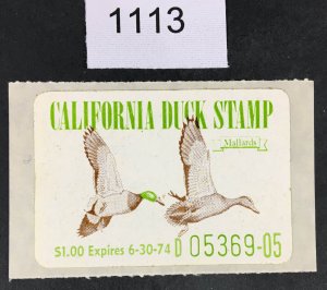 US STAMPS CALIFORNIA STATE DUCK # 3 MINT OG NH CAT. $13 LOT #1113