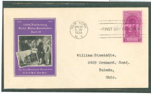 US 854 3c Washington's Inauguration (150th Anniversary) single on an addressed (typed) FDC with an loor cachet.