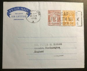 1955 Singapore Malaya Air Letter Cover To Grendon England Health Week Slogan Can