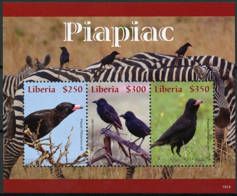 Liberia 2019 MNH Piapiac Piapiacs 3v M/S Zebras Wild Animals Birds Stamps