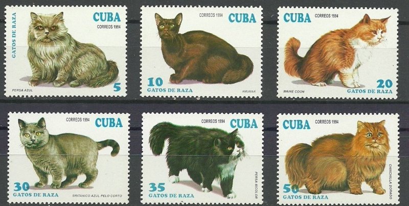 CUBA Sc# 3552-3557  CATS domestic felines CPL SET of 6  1994 MNH mint