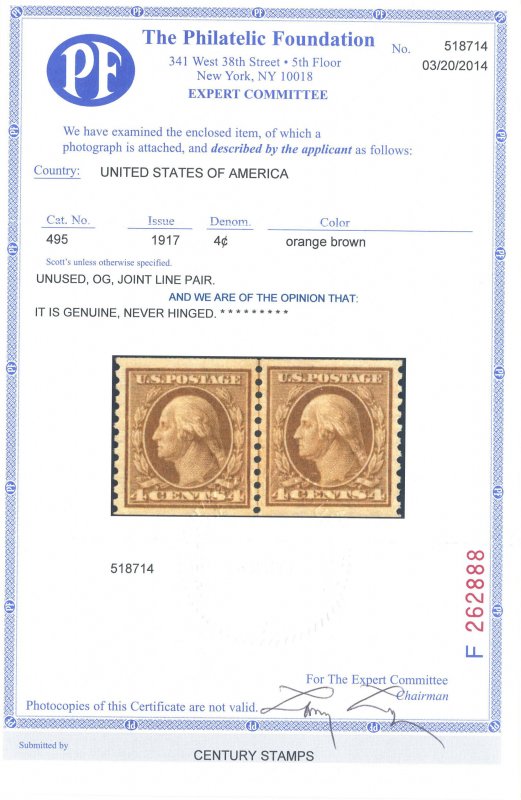 US Scott #495LP Mint, XF/S, NH, PFC, PSE (Graded 95)