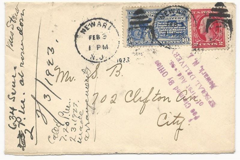 { US Special Delivery Cover Scott #E11 Newark, NJ February 3, 1923