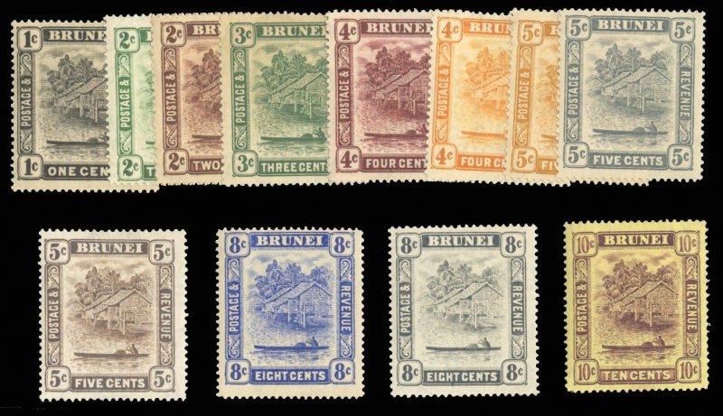 Brunei #43-54 Cat$144, 1924-37 1c-10c, 12 values, lightly hinged, some usual ...