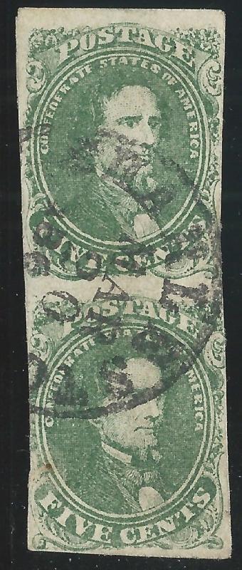 CSA Scott #1 Stone 2 Pos 28, 38 Used Vert Pair of Confederate Stamps Charleston