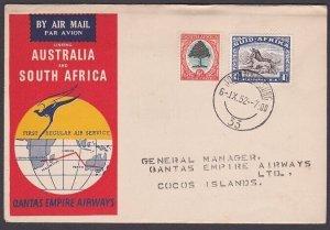 COCOS ISLAND 1952 Qantas flight cover ex Sth Africa - RAAF PO COCOS cds.....W558