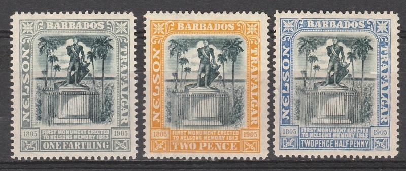 BARBADOS 1906 NELSON CENTENARY 1/4D 2D AND 21/2D WMK MULTI CROWN CA