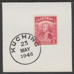 SARAWAK 1934 Sir Charles Brooke  6c carm on piece with MADAME JOSEPH  POSTMARK