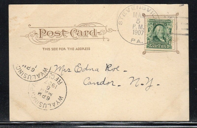 US Stevensville PA Bradford Co.  Doane Cancel 1907 b831