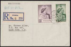 NYASALAND 1948 KGVI Silver Wedding reg airmail FDC To South Africa.