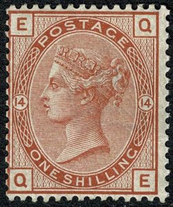 GB 1880 1/- orange brown. Plate 14 QE. SG 163. Unmounted mint