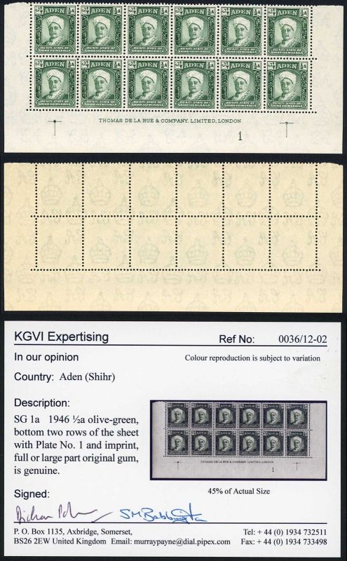 Aden SG1a 1946 1/2a Olive-green Plate and Imprint Block (10 x U/M) Cat 420 pound