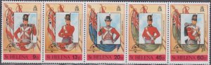 ST HELENA Sc #509a-e CPL MNH STRIP of 5 DIFF - FLAGS and MILITARY UNIFORMS