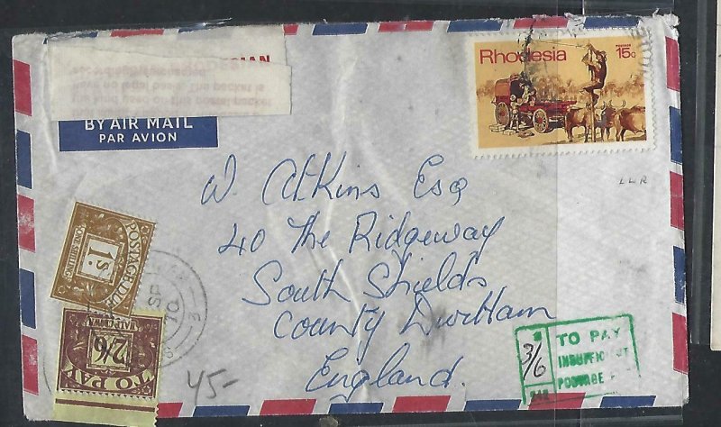 RHODESIA  COVER (P0611B) 1970 15C COVER TO ENGLAND POSTAGE DUE 1/-+2/6