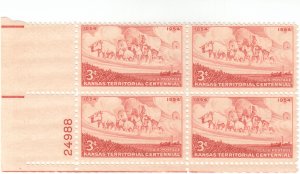 Scott # 1061 - 3c Brown orange - Kansas Territory Issue - plate block of 4 - MNH