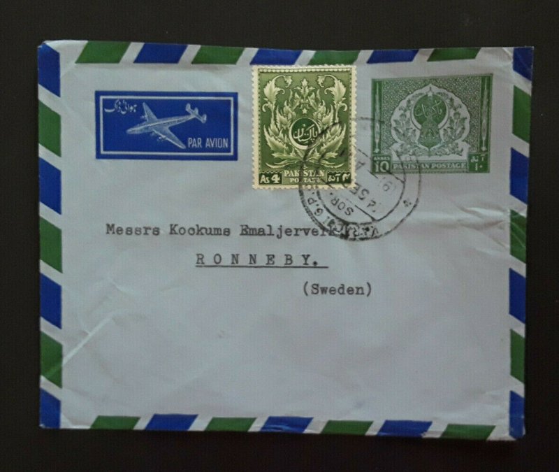 1955 Karachi Pakistan To Ronnery Sweden Air Mail Cover