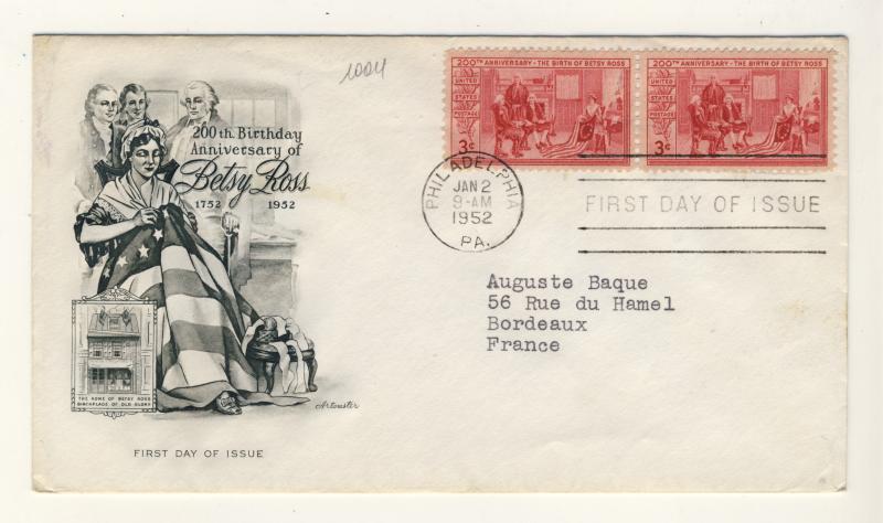 US - 1952 - Scott 1004 FDC - 3c 200th Birthday Anniversary of Betsy Ross - Pair