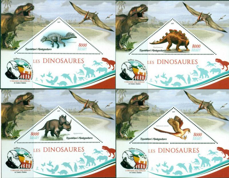 DINOSAUR PREHISTORIC FAUNA CHARLES DARWIN MADAGASCAR 2019 MNH STAMP SET 4 SHEETS