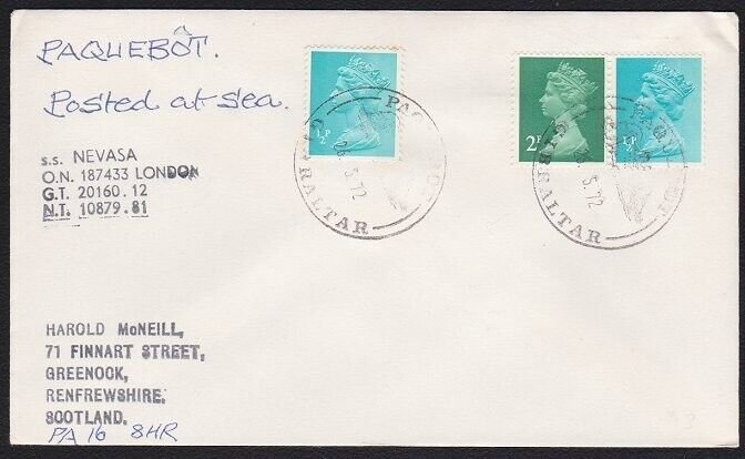 GB GIBRALTAR 1972 SS Nevasa Paquebot ship cover...........................B5519a