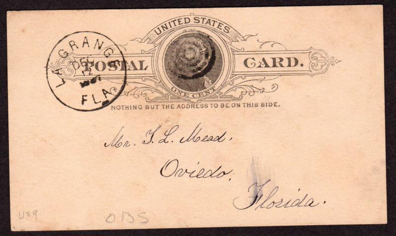 $US Florida Postal card History, LA Grange, DPO 9, Rare, 12/12/1887, SC.#ux9
