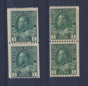 4x Canada Admiral Coil Stamps 2x Pairs #131-1c F 131ii-1c F/VF Guide = $140.00