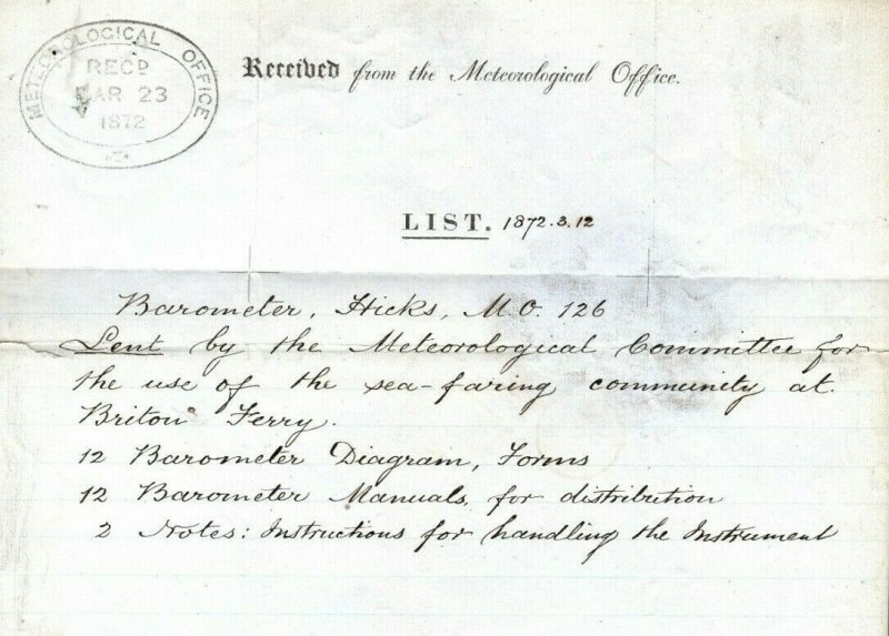 GB WALES *Briton Ferry* Meteorological Office REPLY Letter 1872 BAROMETER AD330 