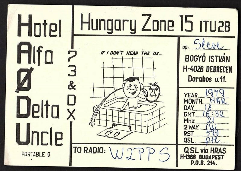 QSL QSO RADIO CARD Cartoon of Man in Tub,HA0DU,Steve, Hungary Zone (Q2710)