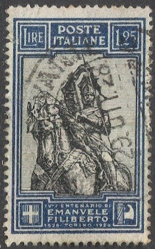 ITALY 1928 Sc 206  1,25L blue Used  F-VF, Statue of Philibert Turin