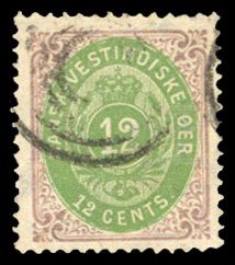 United States Possessions, Danish West Indies #11 Cat$170, 1877 12c red lilac...