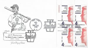 1960 FDC, #1163, 4c Boys' Clubs of America, Artmaster, plate block of 4