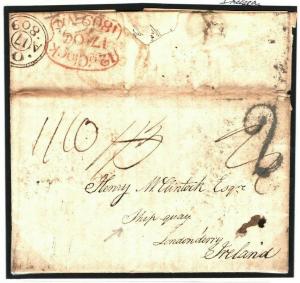 GB IRISH SEA MAIL London Cover 1809 Letter SHIP QUAY Londonderry Note RATES J59a