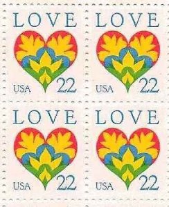 1987 Love Heart Block of 4 22c Postage Stamps, Sc#2248, MNH, OG