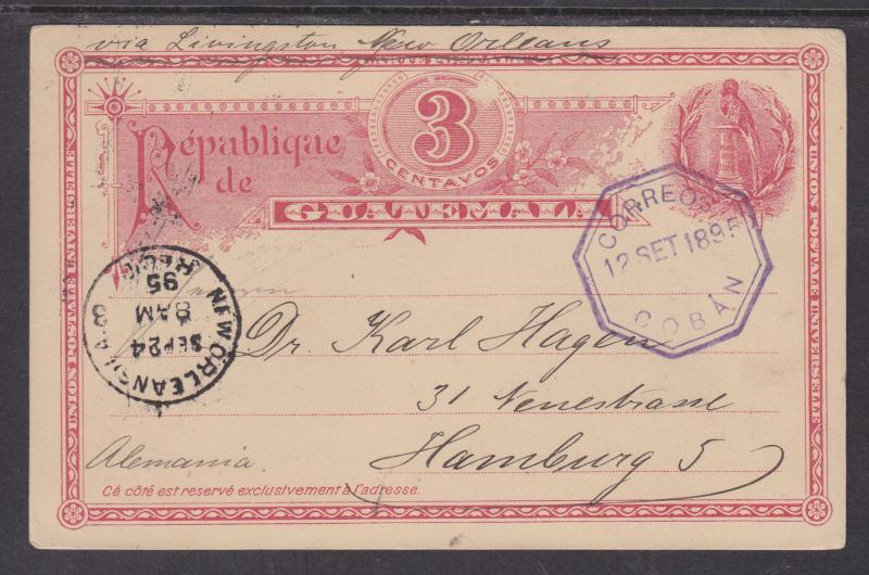 Guatemala H&G 4 used 1903 3c Postal Card COBÁN to GERMANY, octagonal cancel, VF