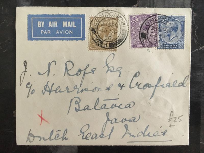 1930 London England First Flight Cover via KLM to Batavia Java Netherland Indies