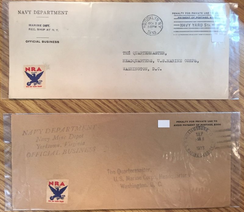 US Navy Department (Marine Corps) Covers (2) 1933 w/NRA