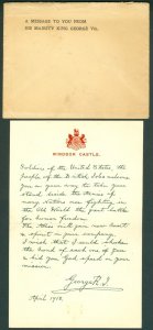 (WWI) George V. Facsimile autographed letter signed 'George R.L.'. One page...