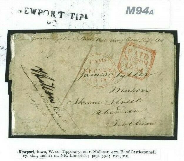 GB IRELAND Cover 1834 SOLDIERS LETTER Kings Royal Rifles NEWPORT Tipperary M94a