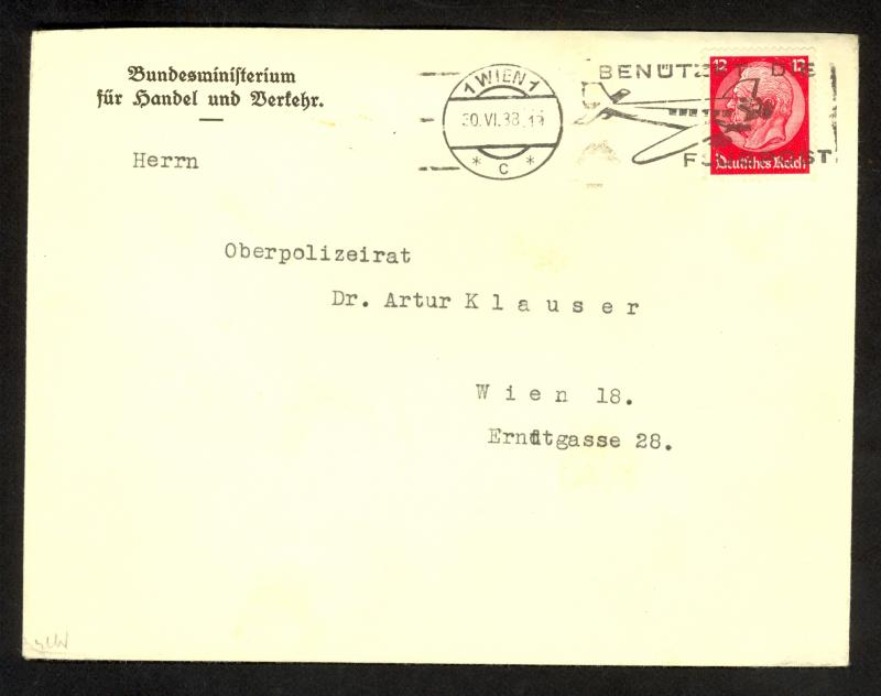 AUSTRIA ANCHLUSS GERMANY 12pf Cover with WIEN AIRCRAFT SLOGAN POSTMARK Ministry