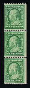 GENUINE SCOTT #385 MINT OG NH 1910 GREEN PERF-12 SL-WMK COIL STRIP OF 3 #6989